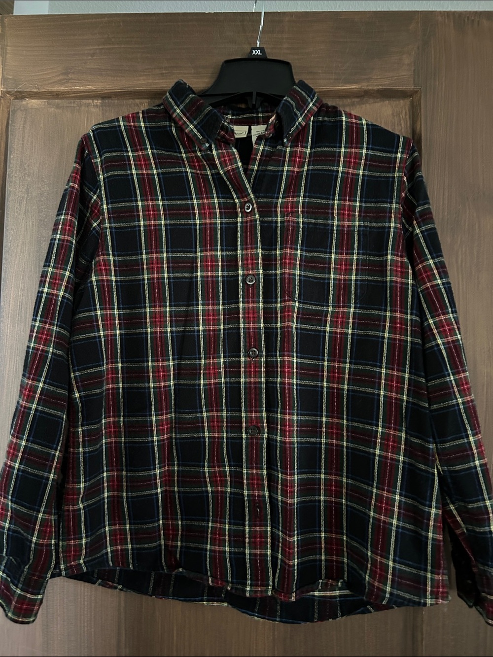 L.L. Bean Navy, Red and Green Plaid Button-Down Flannel Shirt